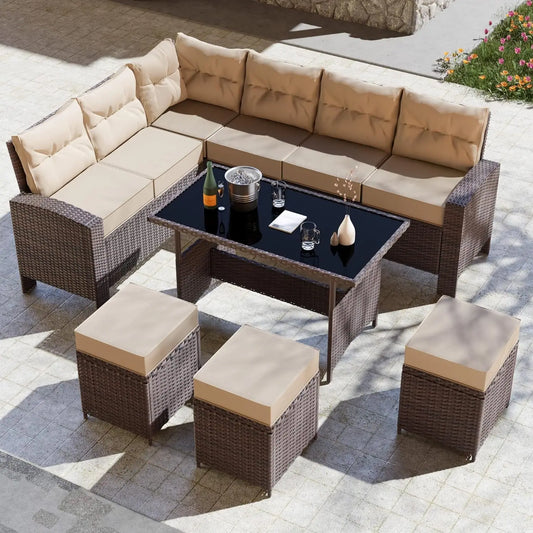 7 Piece Outdoor Patio Furniture Set All-Weather Wicker Rattan Sofa Set Outdoor Sectional Conversation Set Durable and Stable