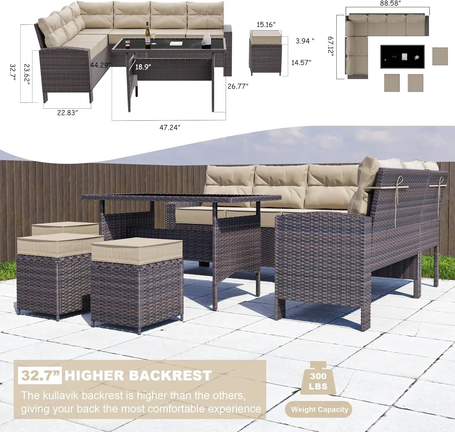 7 Piece Outdoor Patio Furniture Set All-Weather Wicker Rattan Sofa Set Outdoor Sectional Conversation Set Durable and Stable