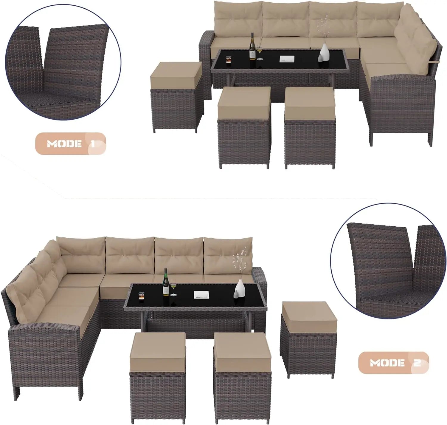 7 Piece Outdoor Patio Furniture Set All-Weather Wicker Rattan Sofa Set Outdoor Sectional Conversation Set Durable and Stable