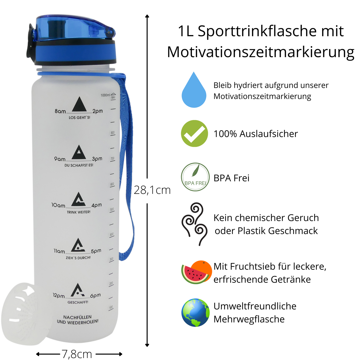 1L Sports Water Bottle with time marker and motivation